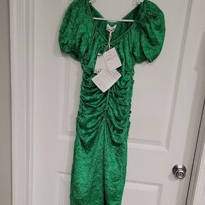Ganni Emerald Green Ruched Midi Dress with Puff Sleeves
